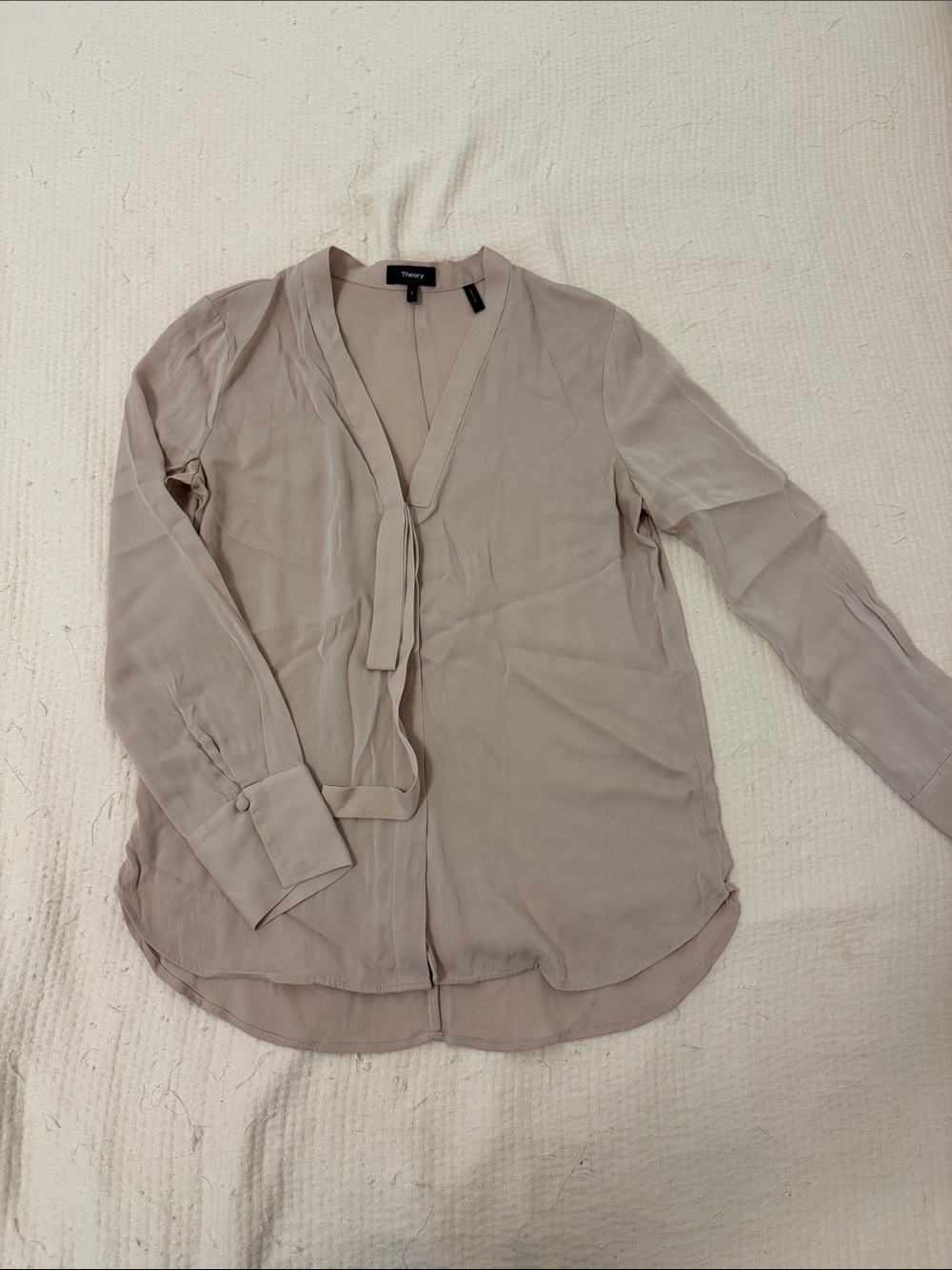 Theory Silk Tie-Neck Blouse in Taupe